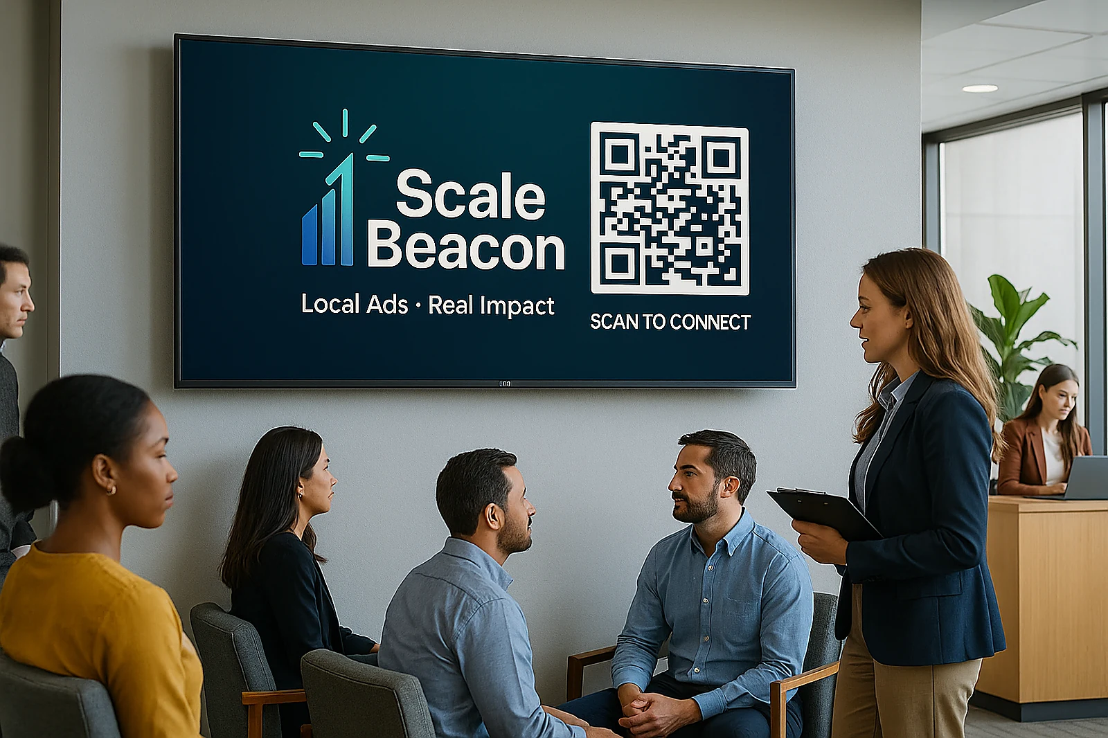 Library lounge with a TCL TV on the wall displaying a ScaleBeacon ad and QR code